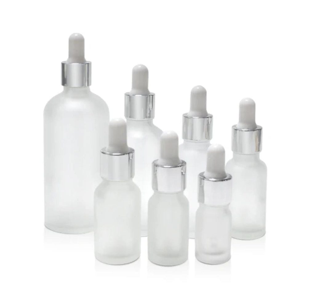 Flacon Compte-Goutte En Verre Givré De 10ml a 100ml Avec Bouchon Argenté-Blanc